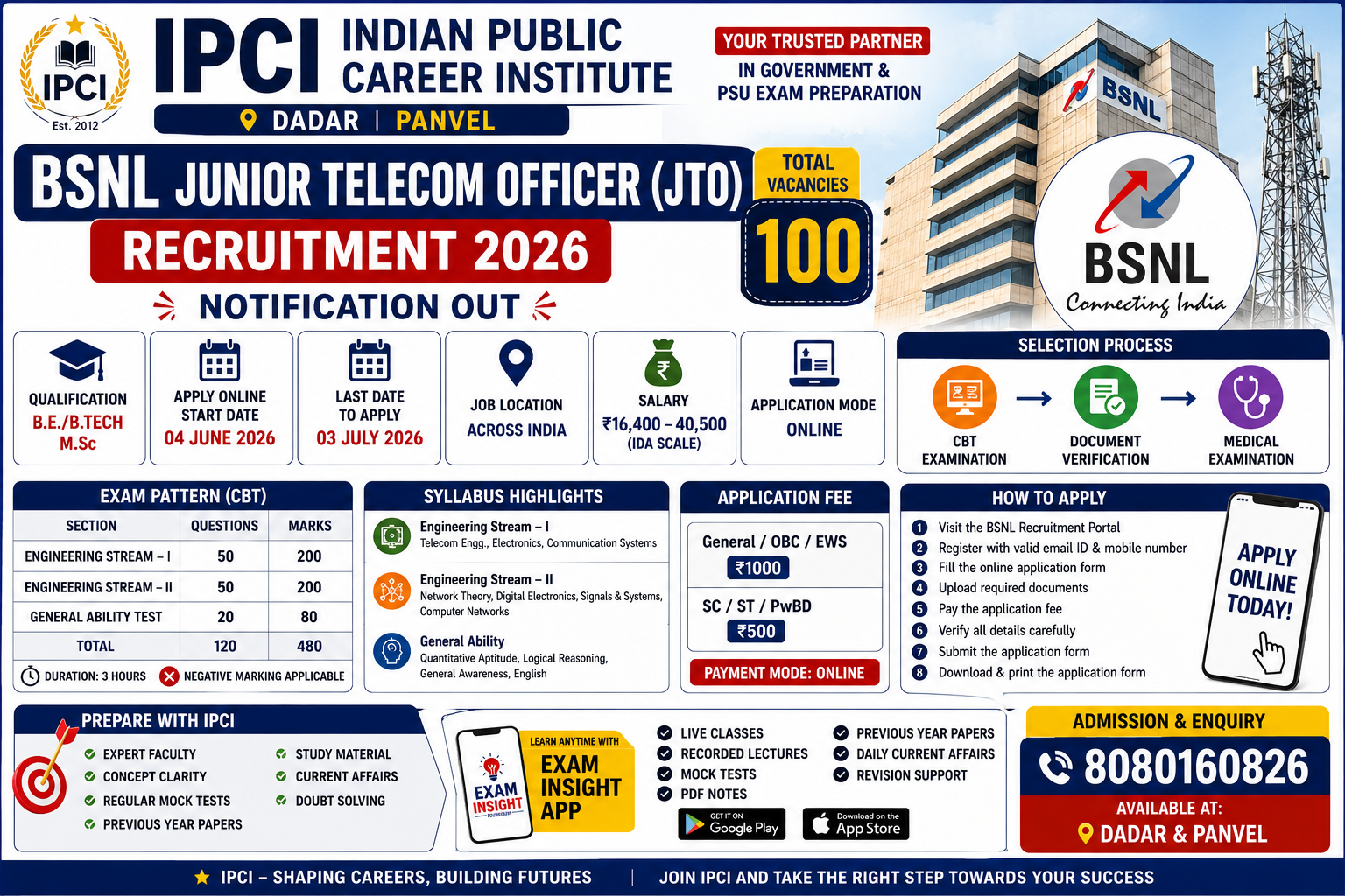 BSNL Junior Telecom Officer Recruitment 2026 – Apply Online for 100 JTO Posts | Exam Insight